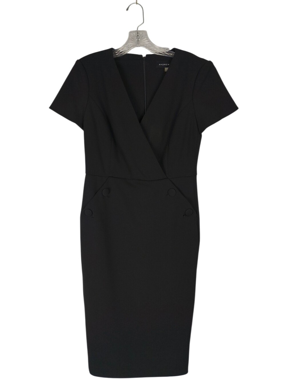 Andrew Marc Midi Sheath Dress Women's 6 Black Short Sleeve V Neck Button Detail